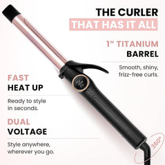 Slimline Curling Iron 1 Inch - Professional Curling Wand with Dual Voltage